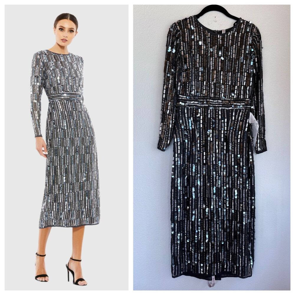 NWT Mac Duggal Embellished High Neck Long Sleeve Fitted Dress in Charcoal Gray 4